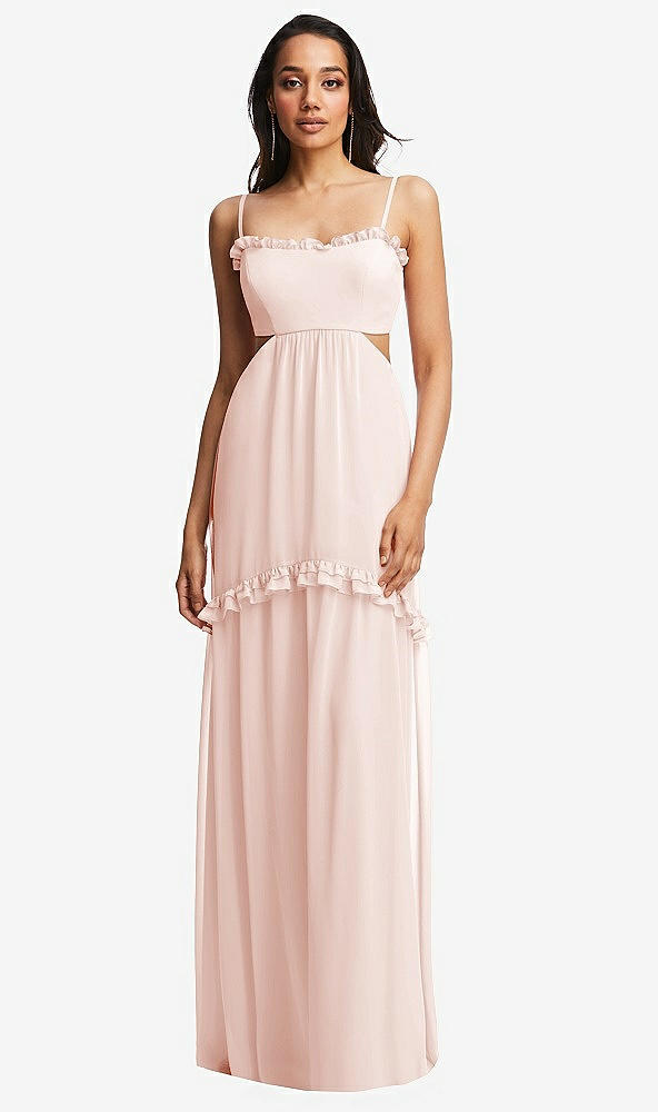Front View - Blush Ruffle-Trimmed Cutout Tie-Back Maxi Dress with Tiered Skirt