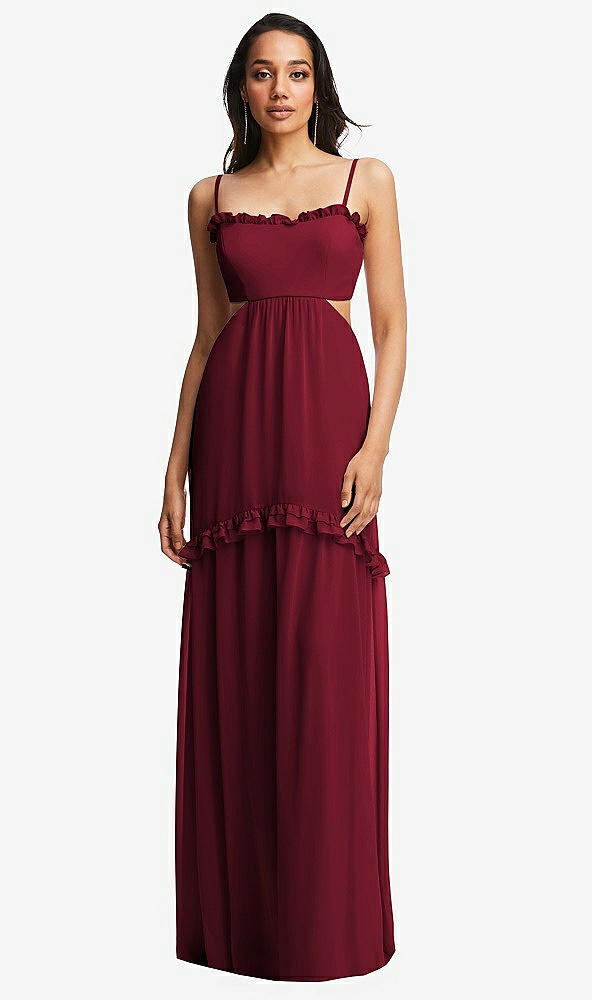 Front View - Burgundy Ruffle-Trimmed Cutout Tie-Back Maxi Dress with Tiered Skirt