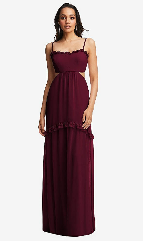 Front View - Cabernet Ruffle-Trimmed Cutout Tie-Back Maxi Dress with Tiered Skirt