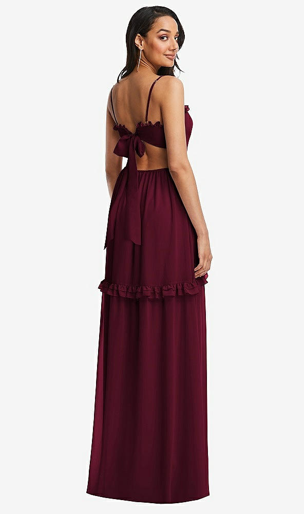 Back View - Cabernet Ruffle-Trimmed Cutout Tie-Back Maxi Dress with Tiered Skirt