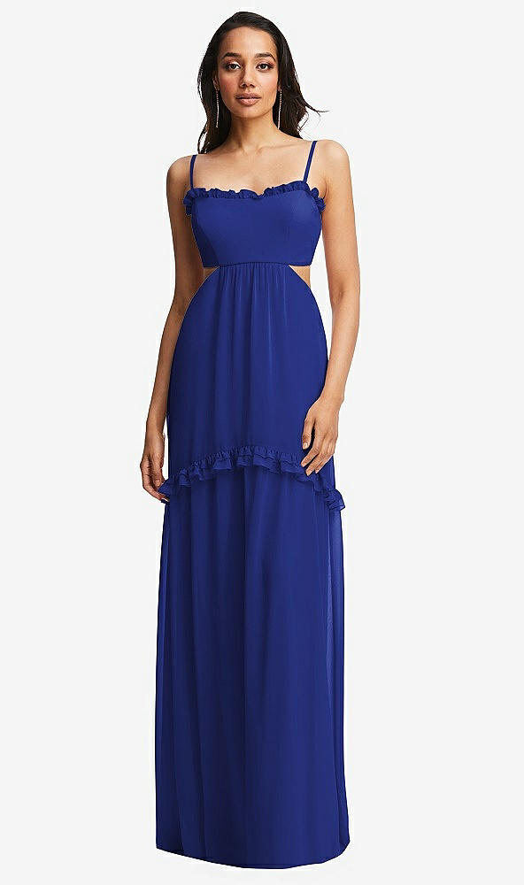 Front View - Cobalt Blue Ruffle-Trimmed Cutout Tie-Back Maxi Dress with Tiered Skirt
