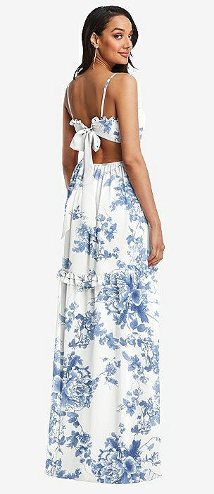 Flutter Sleeve Cutout Tie-back Maxi Bridesmaid Dress With Tiered Ruffle  Skirt In Cottage Rose Dusk Blue