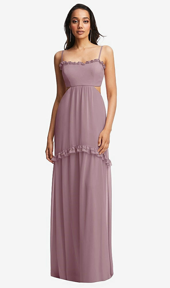 Front View - Dusty Rose Ruffle-Trimmed Cutout Tie-Back Maxi Dress with Tiered Skirt