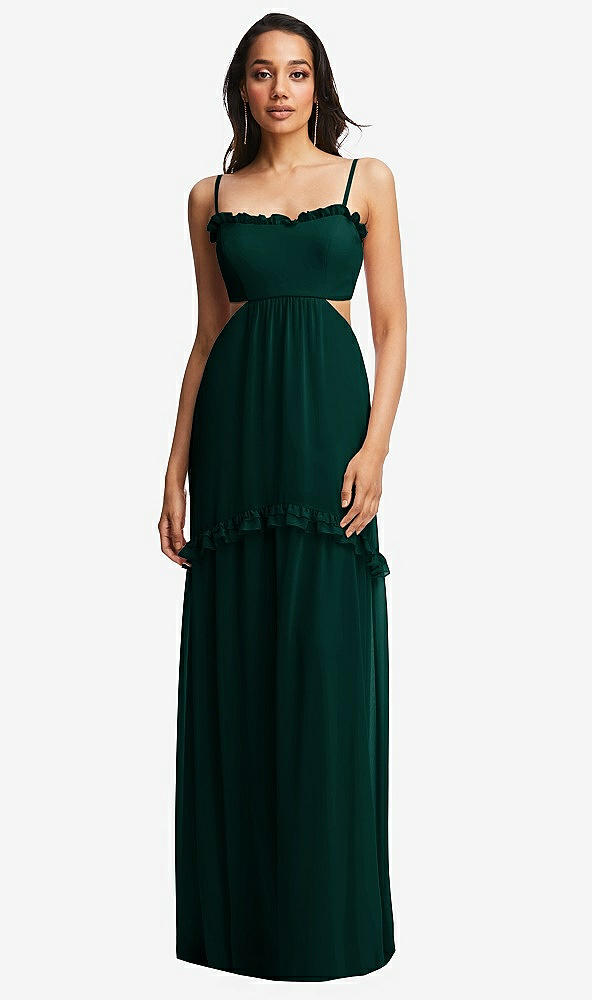 Front View - Evergreen Ruffle-Trimmed Cutout Tie-Back Maxi Dress with Tiered Skirt