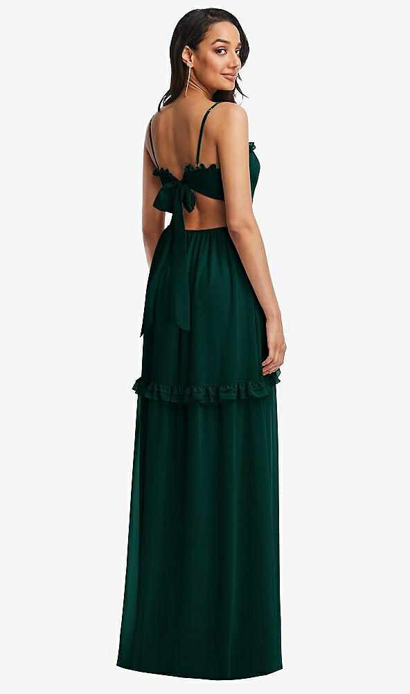 Back View - Evergreen Ruffle-Trimmed Cutout Tie-Back Maxi Dress with Tiered Skirt