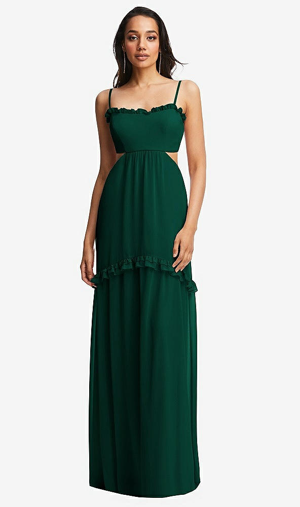Front View - Hunter Green Ruffle-Trimmed Cutout Tie-Back Maxi Dress with Tiered Skirt