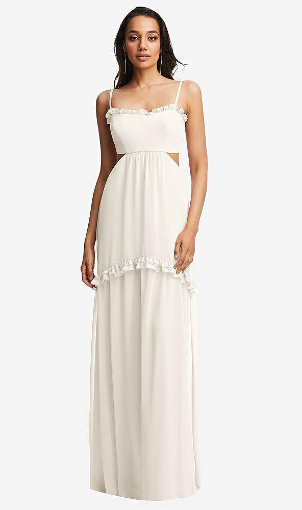 Front View - Ivory Ruffle-Trimmed Cutout Tie-Back Maxi Dress with Tiered Skirt