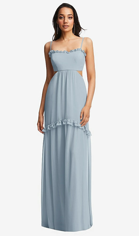 Front View - Mist Ruffle-Trimmed Cutout Tie-Back Maxi Dress with Tiered Skirt