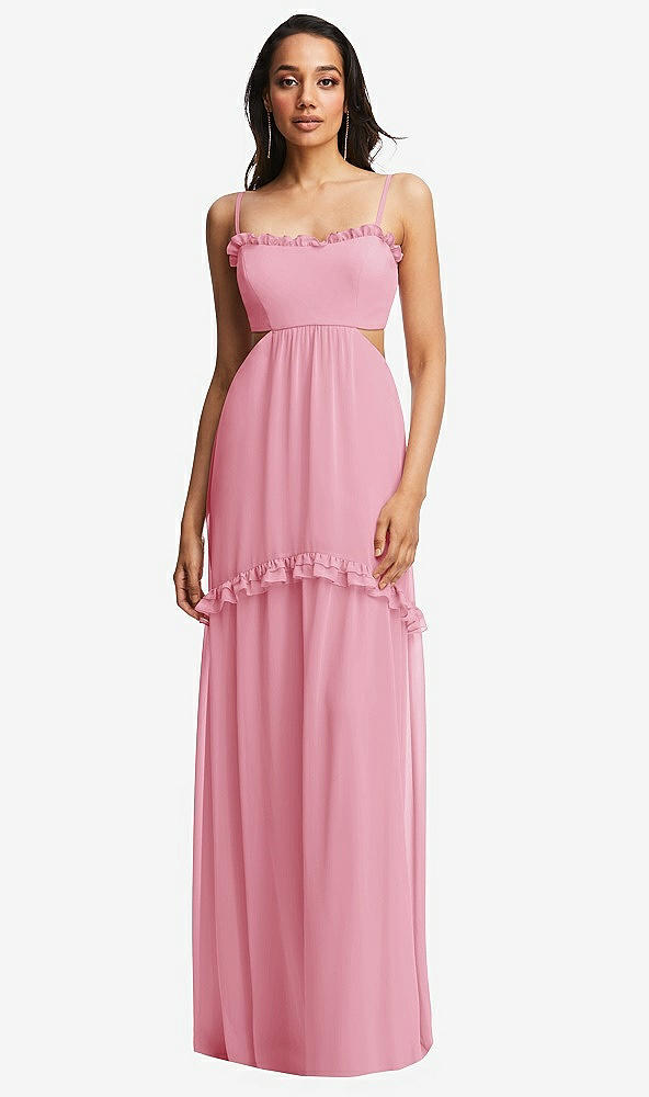 Front View - Peony Pink Ruffle-Trimmed Cutout Tie-Back Maxi Dress with Tiered Skirt