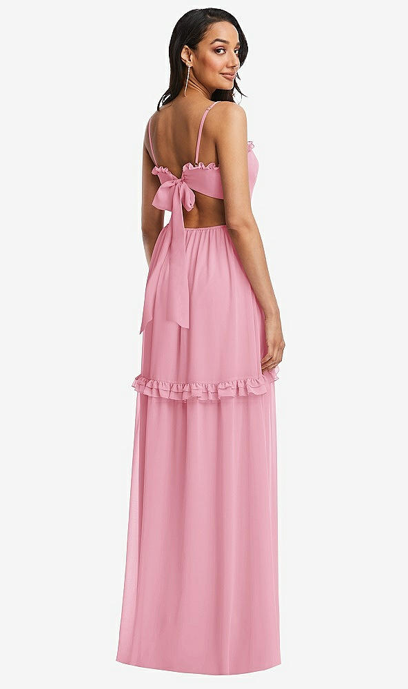 Back View - Peony Pink Ruffle-Trimmed Cutout Tie-Back Maxi Dress with Tiered Skirt