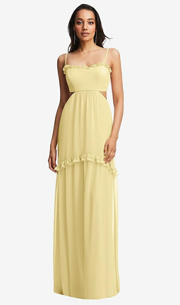 Front View - Pale Yellow Ruffle-Trimmed Cutout Tie-Back Maxi Dress with Tiered Skirt