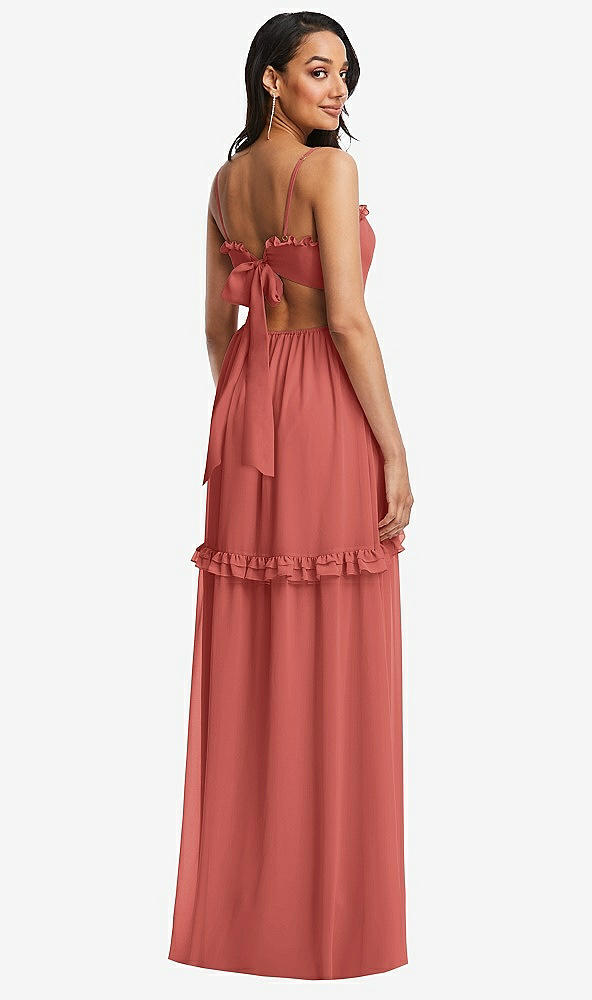 Back View - Coral Pink Ruffle-Trimmed Cutout Tie-Back Maxi Dress with Tiered Skirt