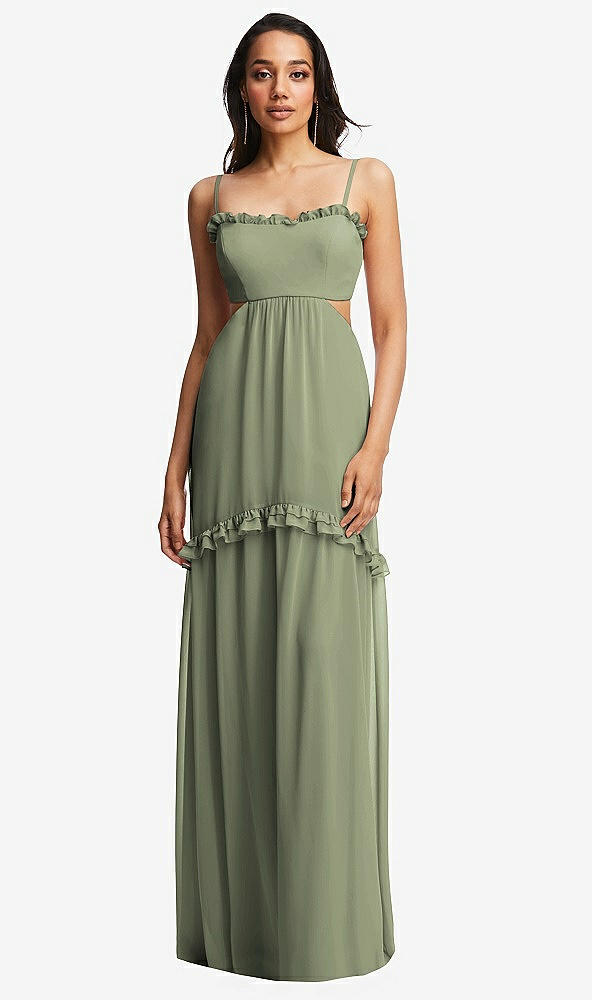 Front View - Sage Ruffle-Trimmed Cutout Tie-Back Maxi Dress with Tiered Skirt
