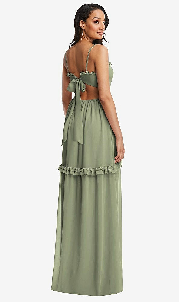 Back View - Sage Ruffle-Trimmed Cutout Tie-Back Maxi Dress with Tiered Skirt