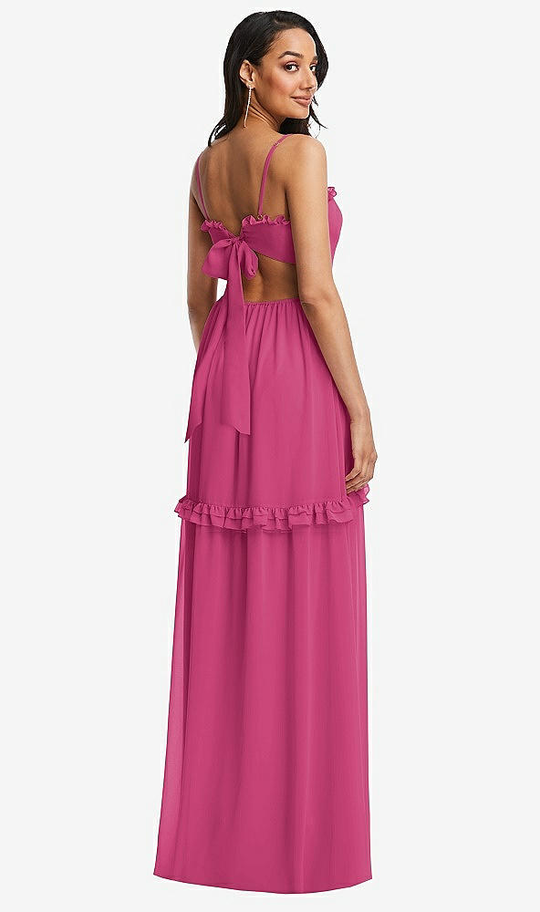 Back View - Tea Rose Ruffle-Trimmed Cutout Tie-Back Maxi Dress with Tiered Skirt
