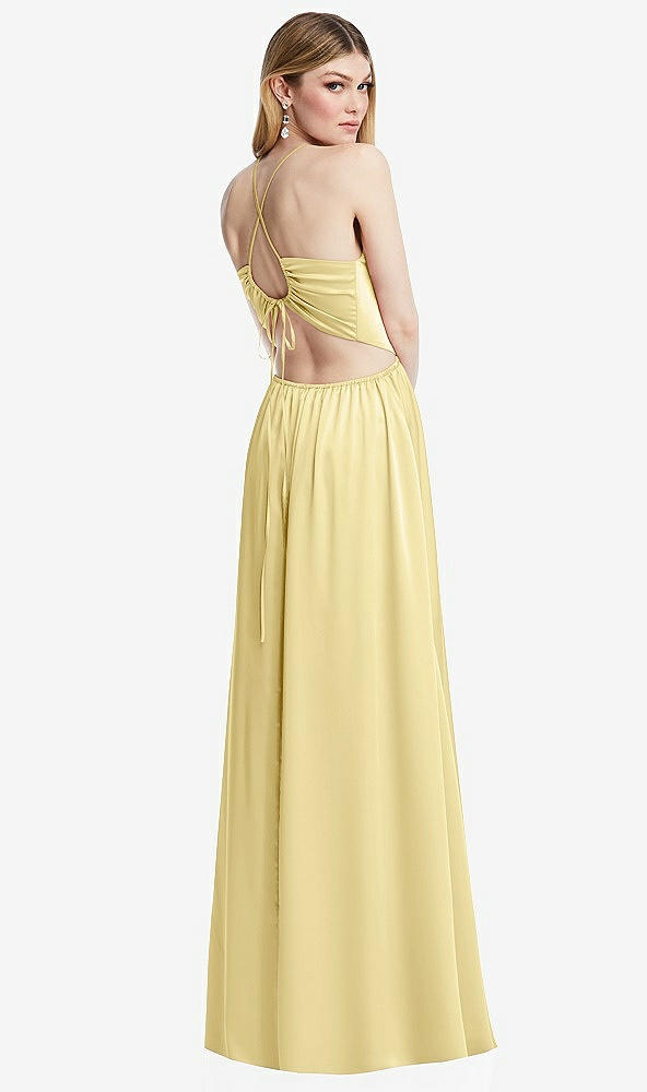 Back View - Pale Yellow Halter Cross-Strap Gathered Tie-Back Cutout Maxi Dress