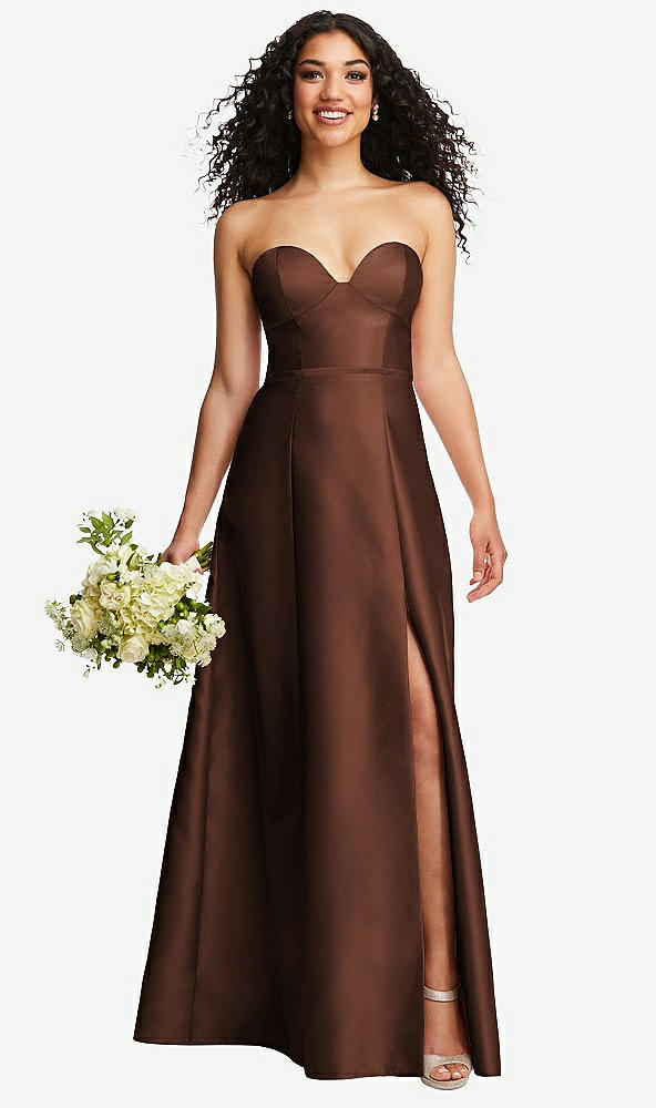 Front View - Cognac Strapless Bustier A-Line Satin Gown with Front Slit