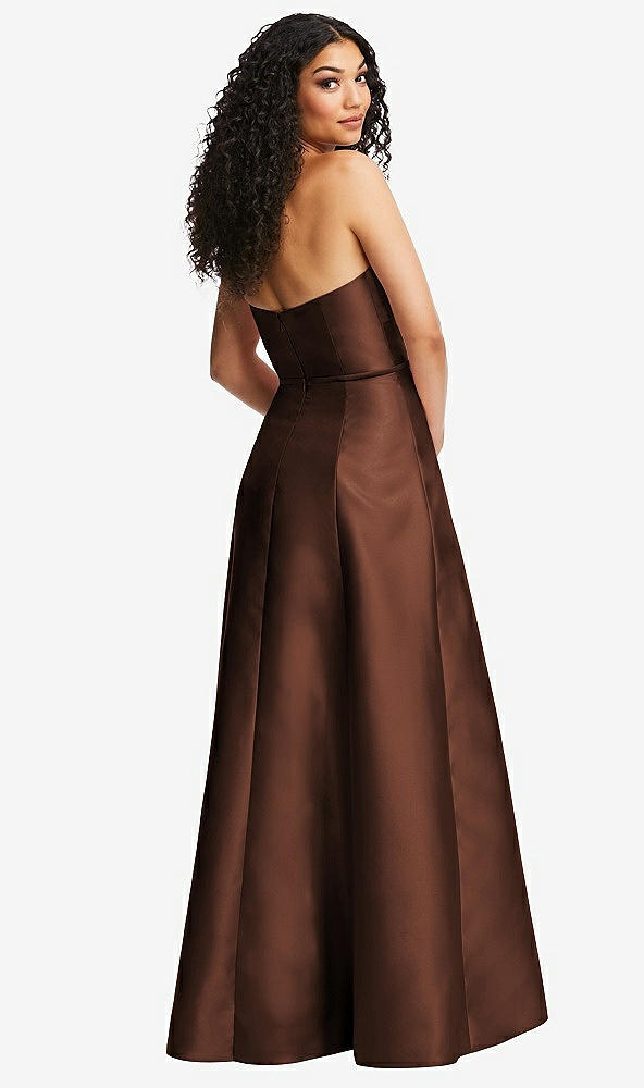 Back View - Cognac Strapless Bustier A-Line Satin Gown with Front Slit