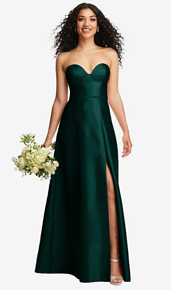 Front View - Evergreen Strapless Bustier A-Line Satin Gown with Front Slit