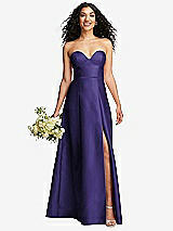 Front View Thumbnail - Grape Strapless Bustier A-Line Satin Gown with Front Slit