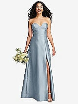 Front View Thumbnail - Mist Strapless Bustier A-Line Satin Gown with Front Slit
