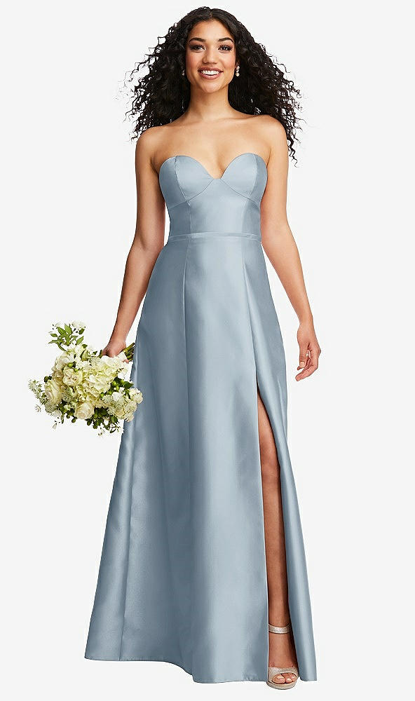 Front View - Mist Strapless Bustier A-Line Satin Gown with Front Slit
