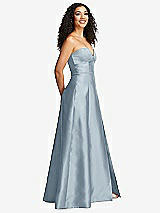 Side View Thumbnail - Mist Strapless Bustier A-Line Satin Gown with Front Slit