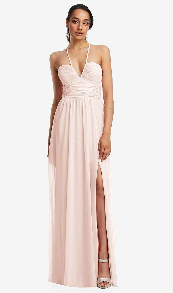 Front View - Blush Plunging V-Neck Criss Cross Strap Back Maxi Dress