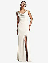 Front View Thumbnail - Ivory Cowl-Neck Wide Strap Crepe Trumpet Gown with Front Slit