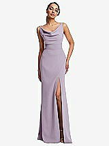 Front View Thumbnail - Lilac Haze Cowl-Neck Wide Strap Crepe Trumpet Gown with Front Slit