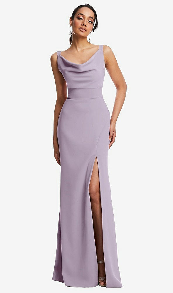 Front View - Lilac Haze Cowl-Neck Wide Strap Crepe Trumpet Gown with Front Slit