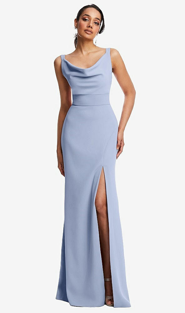 Front View - Sky Blue Cowl-Neck Wide Strap Crepe Trumpet Gown with Front Slit