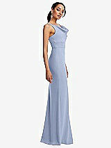 Side View Thumbnail - Sky Blue Cowl-Neck Wide Strap Crepe Trumpet Gown with Front Slit