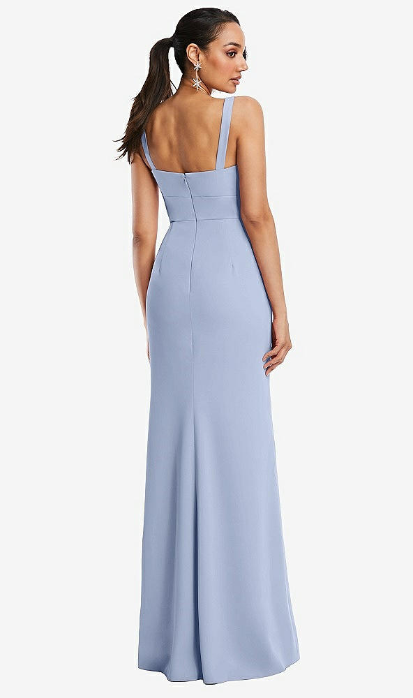 Back View - Sky Blue Cowl-Neck Wide Strap Crepe Trumpet Gown with Front Slit