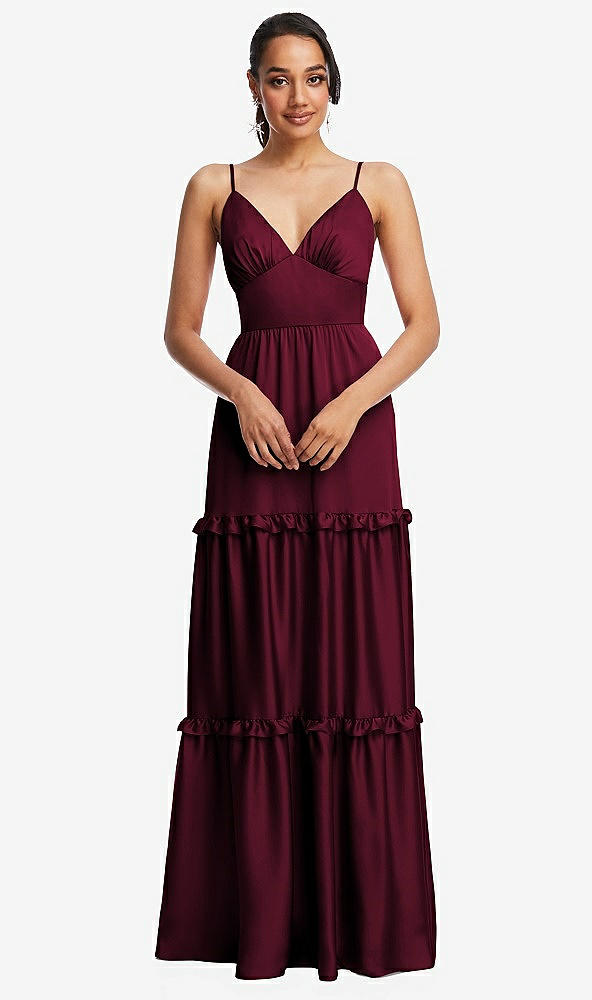 Front View - Cabernet Low-Back Triangle Maxi Dress with Ruffle-Trimmed Tiered Skirt