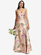 Alt View 1 Thumbnail - Butterfly Botanica Pink Sand Open Neck Cutout Floral Satin A-Line Gown with Pockets