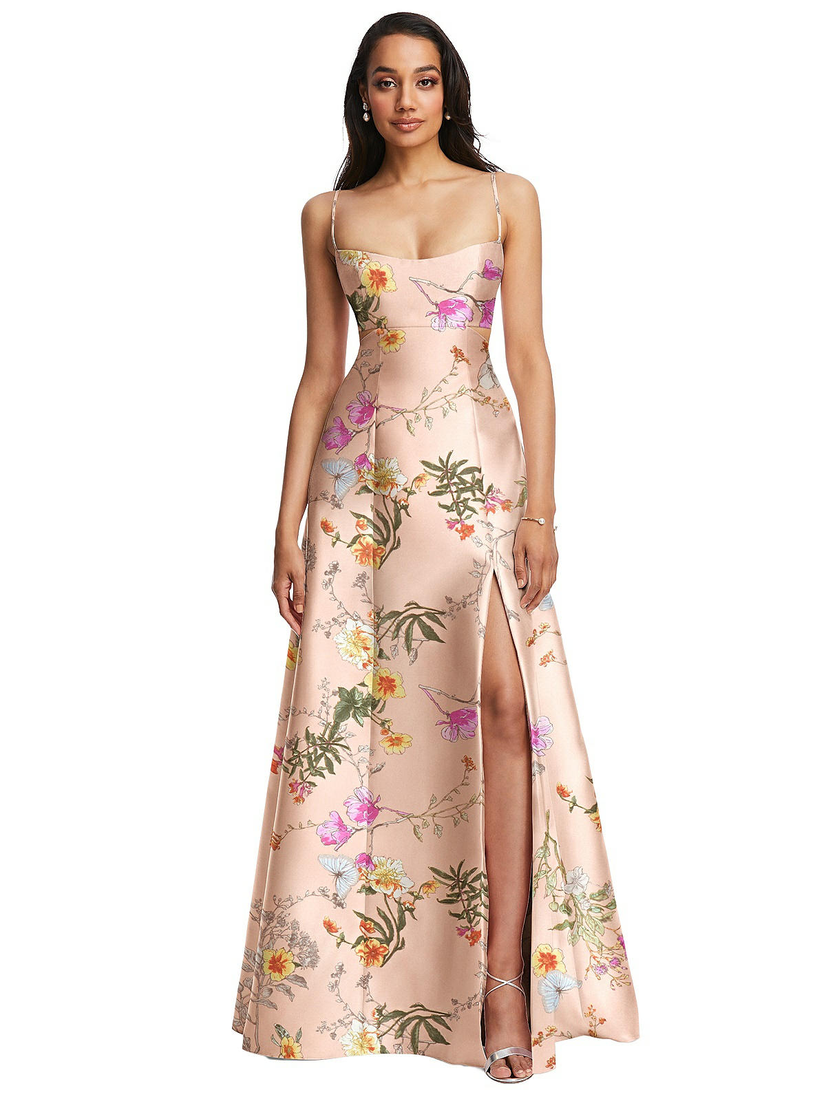 Evening dress in pale pink satin and shop cream satin brocade with applied maple leaves