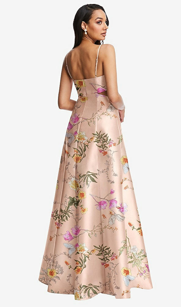 Back View - Butterfly Botanica Pink Sand Open Neck Cutout Floral Satin A-Line Gown with Pockets