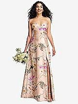 Front View Thumbnail - Butterfly Botanica Pink Sand Strapless Bustier A-Line Floral Satin Gown with Front Slit