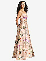 Side View Thumbnail - Butterfly Botanica Pink Sand Strapless Bustier A-Line Floral Satin Gown with Front Slit