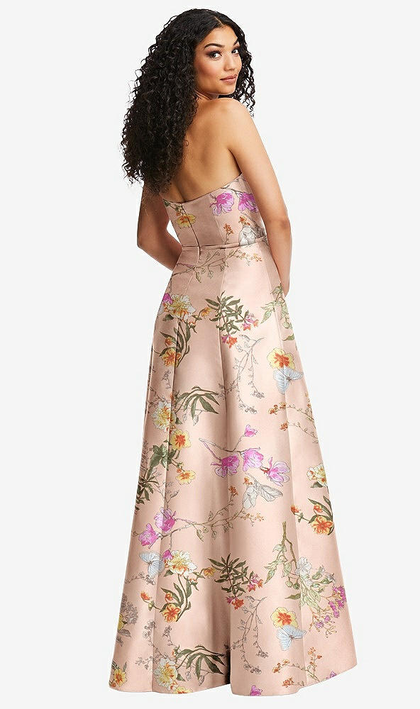 Back View - Butterfly Botanica Pink Sand Strapless Bustier A-Line Floral Satin Gown with Front Slit
