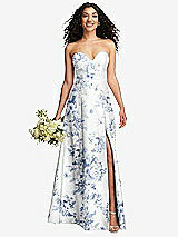 Front View Thumbnail - Cottage Rose Larkspur Strapless Bustier A-Line Floral Satin Gown with Front Slit