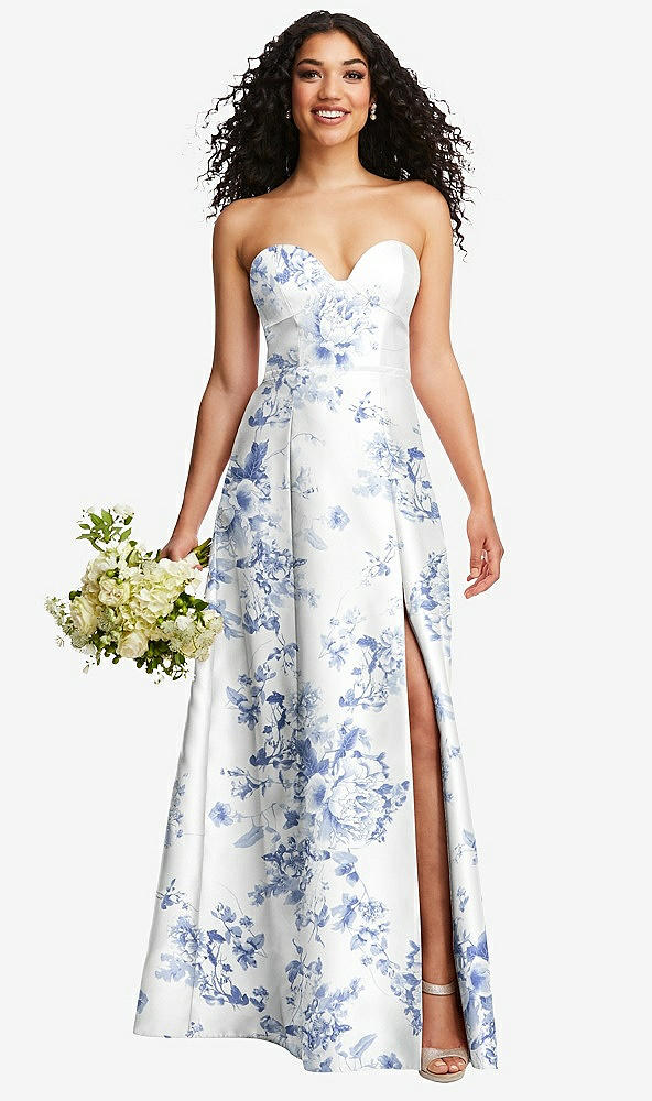 Front View - Cottage Rose Larkspur Strapless Bustier A-Line Floral Satin Gown with Front Slit