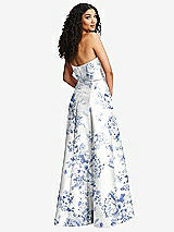 Rear View Thumbnail - Cottage Rose Larkspur Strapless Bustier A-Line Floral Satin Gown with Front Slit