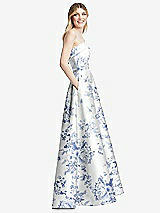Side View Thumbnail - Cottage Rose Larkspur Strapless Bias Cuff Bodice Floral Satin Gown with Pockets