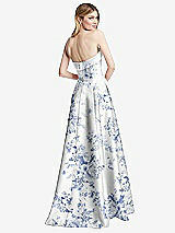 Rear View Thumbnail - Cottage Rose Larkspur Strapless Bias Cuff Bodice Floral Satin Gown with Pockets