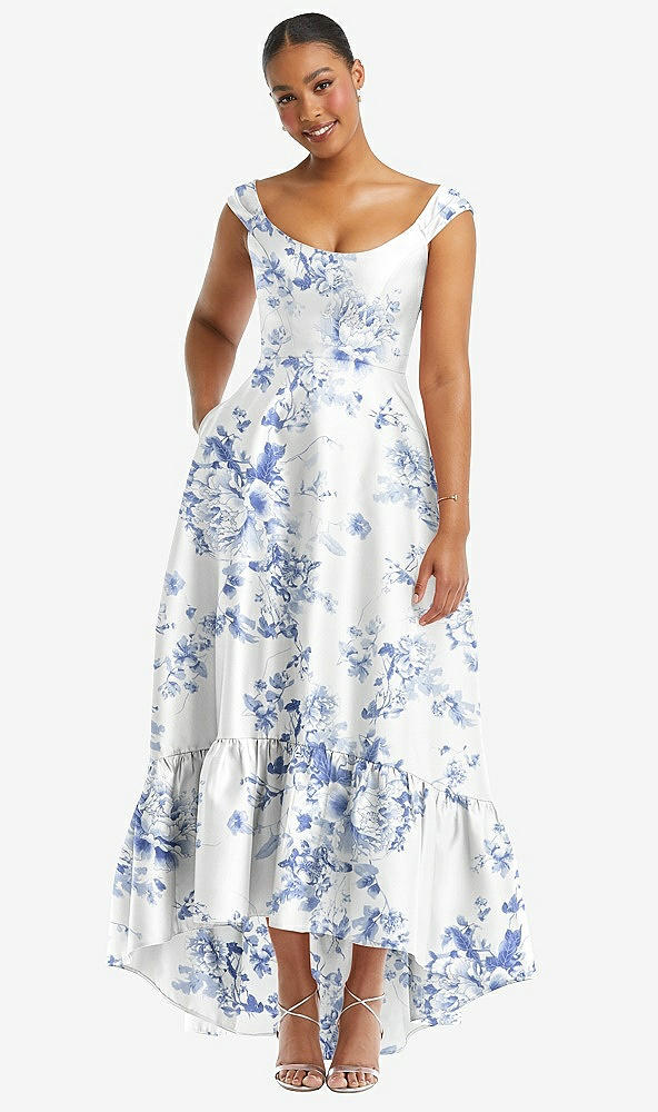 Front View - Cottage Rose Larkspur Cap Sleeve Deep Ruffle Hem Floral High Low Dress with Pockets