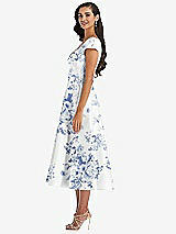 Side View Thumbnail - Cottage Rose Larkspur Puff Cap Sleeve Full Skirt Floral Satin Midi Dress