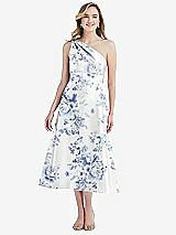 Front View Thumbnail - Cottage Rose Larkspur Draped One-Shoulder Floral Satin Midi Dress with Pockets
