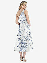 Rear View Thumbnail - Cottage Rose Larkspur Draped One-Shoulder Floral Satin Midi Dress with Pockets